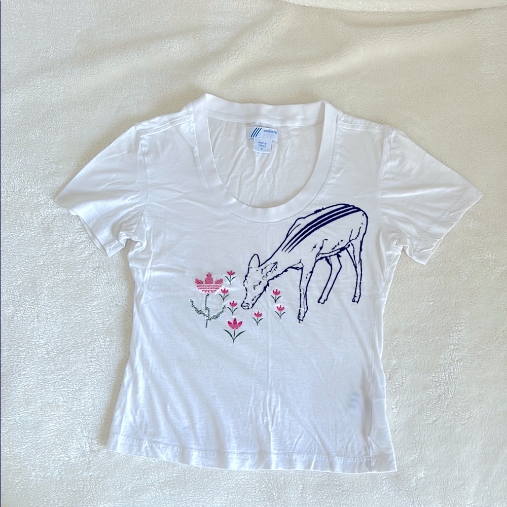 Adidas Originals White T-Shirt with Deer and Floral Design